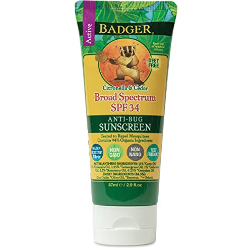 Badger - SPF 34 Anti-Bug Sunscreen Cream - DEET-Free Sunscreen Bug Repellent - Broad Spectrum Water Resistant Reef Safe Sunscreen, Natural Mineral Sunscreen with Organic Ingredients 2.9 fl oz