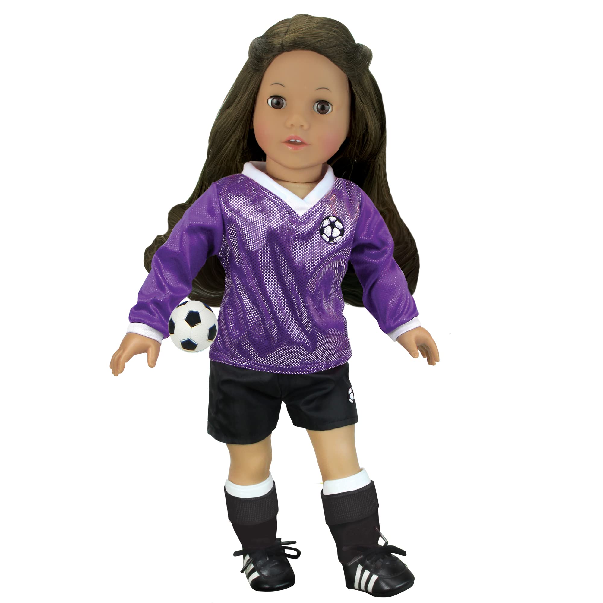 Book Cover Sophia's Doll Soccer Outfit 6-Piece Set with Ball, Purple #1 Jersey, Shorts, Socks, Cleats, and Shin Guards for 18