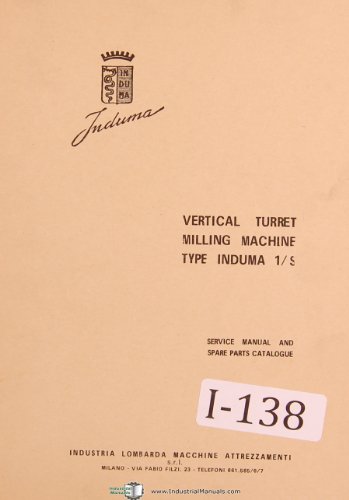Induma I-S Vertical Turret Milling Machine Service Operations Parts Manual