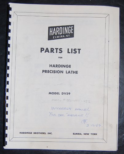 Hardinge DV59 & DSM59 Parts List For Precision Lathe