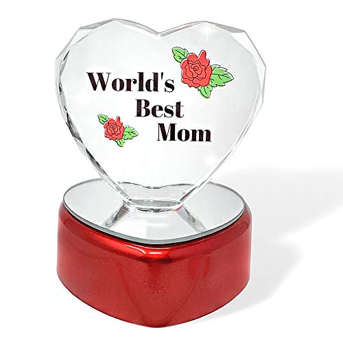 BANBERRY DESIGNS World's Best Mom Heart - LED Light Up Glass Heart Statue Paperweight - Etched Rose Design on Red Heart Shaped Lighted Base - Gifts for Mother Mommy Step Mom Christmas Mother's Day