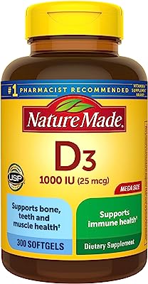 Book Cover Nature Made Vitamin D3, 300 Softgels, Vitamin D 1000 IU (25 mcg) Helps Support Immune Health, Strong Bones and Teeth, & Muscle Function, 125% of the Daily Value for Vitamin D in Only One Daily Softgel