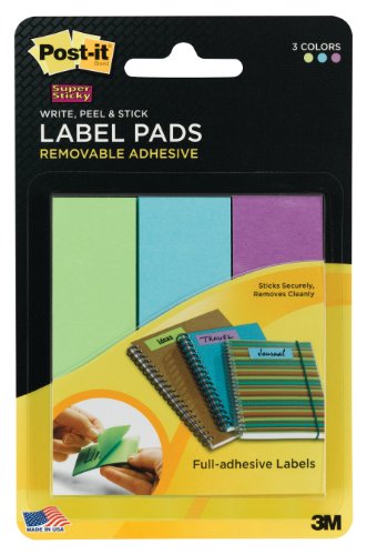 Post-it Super Sticky Removable Label Pads, 1 x 3 Inches, Green, Blue, Yellow, 75 Labels per pack (3 Pads) (2900-LBG)
