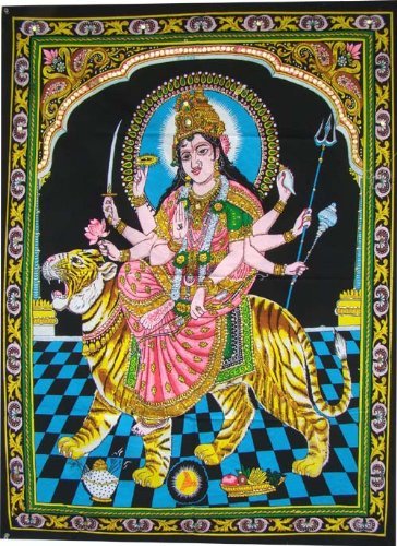Huge Cotton Fabric Durga Ma Mother Goddess Yoga 43" X 30" Tapestry