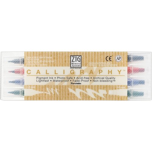 Book Cover Kuretake Zig Calligraphy Dual Tip Markers, 2mm, 5mm, Square Tips, AP-Certified, No Mess, Photo-Safe, Acid Free, Lightfast, Odourless, Xylene Freeing, for Beginners, Made in Japan (4 Colors Set)