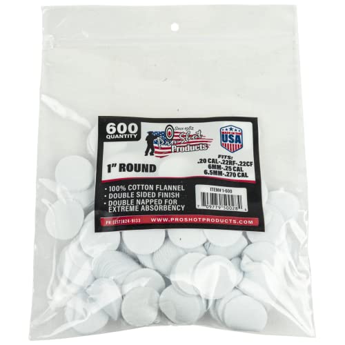 Pro Shot Gun Care Products Gun Care Flannel Gun Cleaning 600 Count Patches (.22-.270 Caliber 1-Inch RD.), White, 1-600