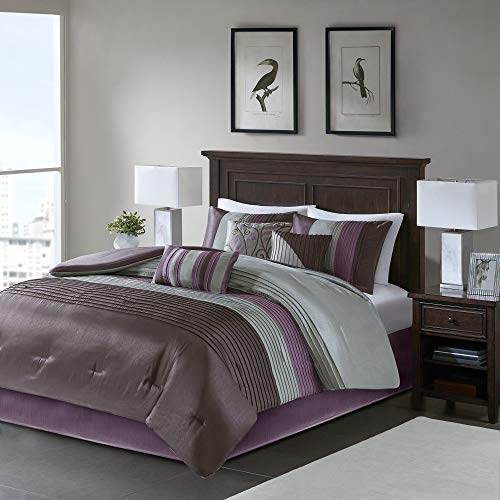 Madison Park Amherst Faux Silk Comforter Set-Casual Contemporary Design All Season Down Alternative Bedding, Matching Shams, Bedskirt, Decorative Pillows, Cal King(104"x92"), Purple, 7 Piece (MP10-128)