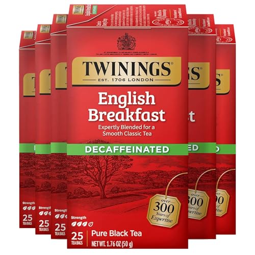 Twinings of London Decaffeinated English Breakfast Black Tea Bags, 25 Count (Pack of 6)