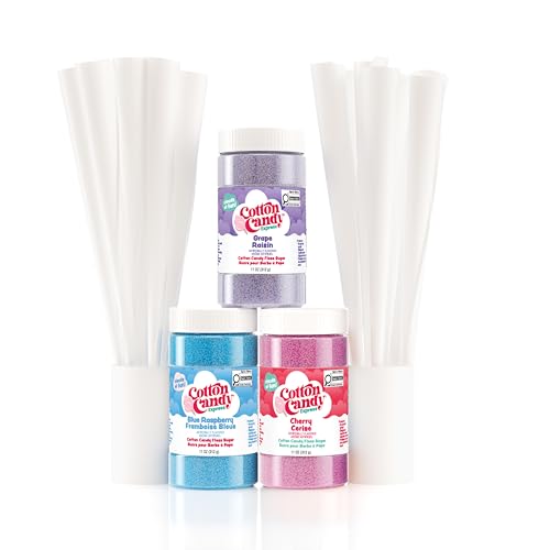 Cotton Candy Express Floss Sugar Variety Pack with 3 - 11oz Plastic Jars of Cherry, Blue Raspberry & Grape Flossing Sugars Plus 50 Paper Cotton Candy Cones