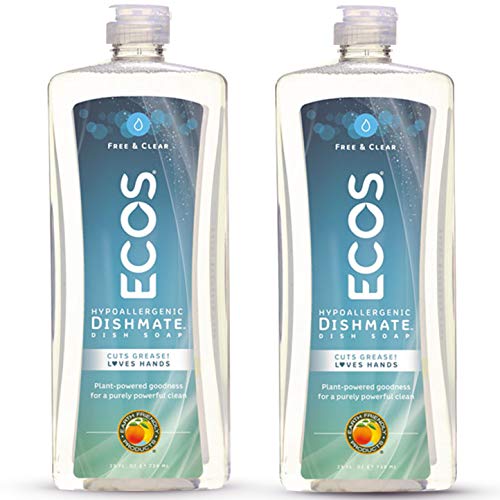 Earth Friendly Products ECOS Dishmate Hypoallergenic Dish Soap, Free & Clear, 25 oz Bottle (Pack of 2) (97216)