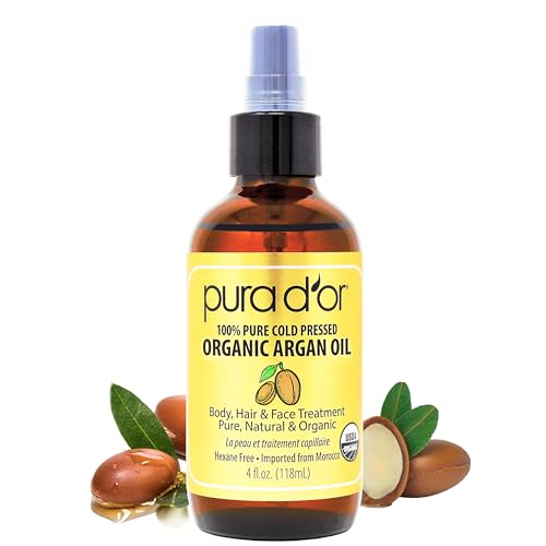 PURA D'OR Organic Moroccan Argan Oil (4oz) USDA Certified 100% Pure Cold Pressed Virgin Premium Grade Moisturizer Treatment for Dry & Damaged Skin, Hair, Face, Body, Scalp & Nails (Packaging May Vary)
