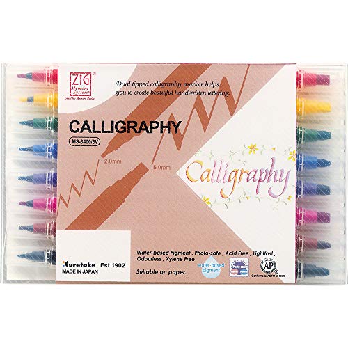 Book Cover Kuretake Zig Calligraphy Dual Tip Markers, 2mm, 5mm, Square Tips, AP-Certified, No Mess, Photo-Safe, Xylene Freeing, for Beginners, Made in Japan (8 Colors Set)