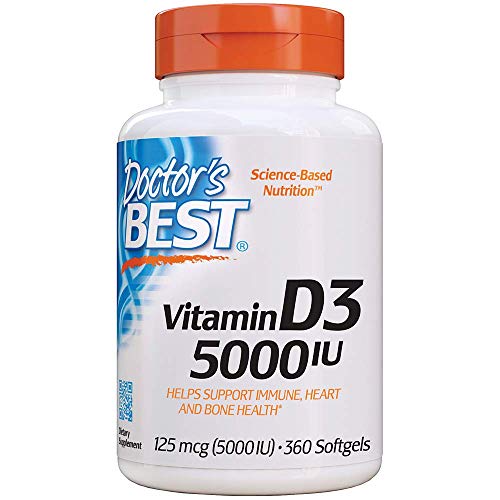 Book Cover Doctor's Best Vitamin D3 5,000 IU for Healthy Bones, Teeth, Heart and Immune Support, Non-GMO, Gluten-Free, Soy Free, 360 Softgel