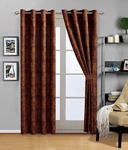 Book Cover 4 Piece Dark Camel Brown Lavish Micro Suede Curtain Set with Attached sheers and valances - 2 Window Panels, 2 Ties.
