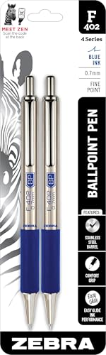 Zebra Pen, STEEL F-402 Retractable Ballpoint Pens, 0.7mm Fine Point, Blue Ink, Stainless Steel Barrel and Clip, Easy-Glide Ink, Comfort Grip, Refillable Pens for Office, School, 2-Pack (29222)