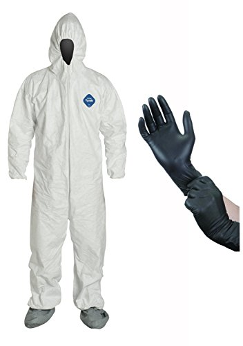 DuPont TY122S Disposable Elastic Wrist, Bootie & Hood White Tyvek Coverall Suit 1414 (Medium w/Protective Gloves)