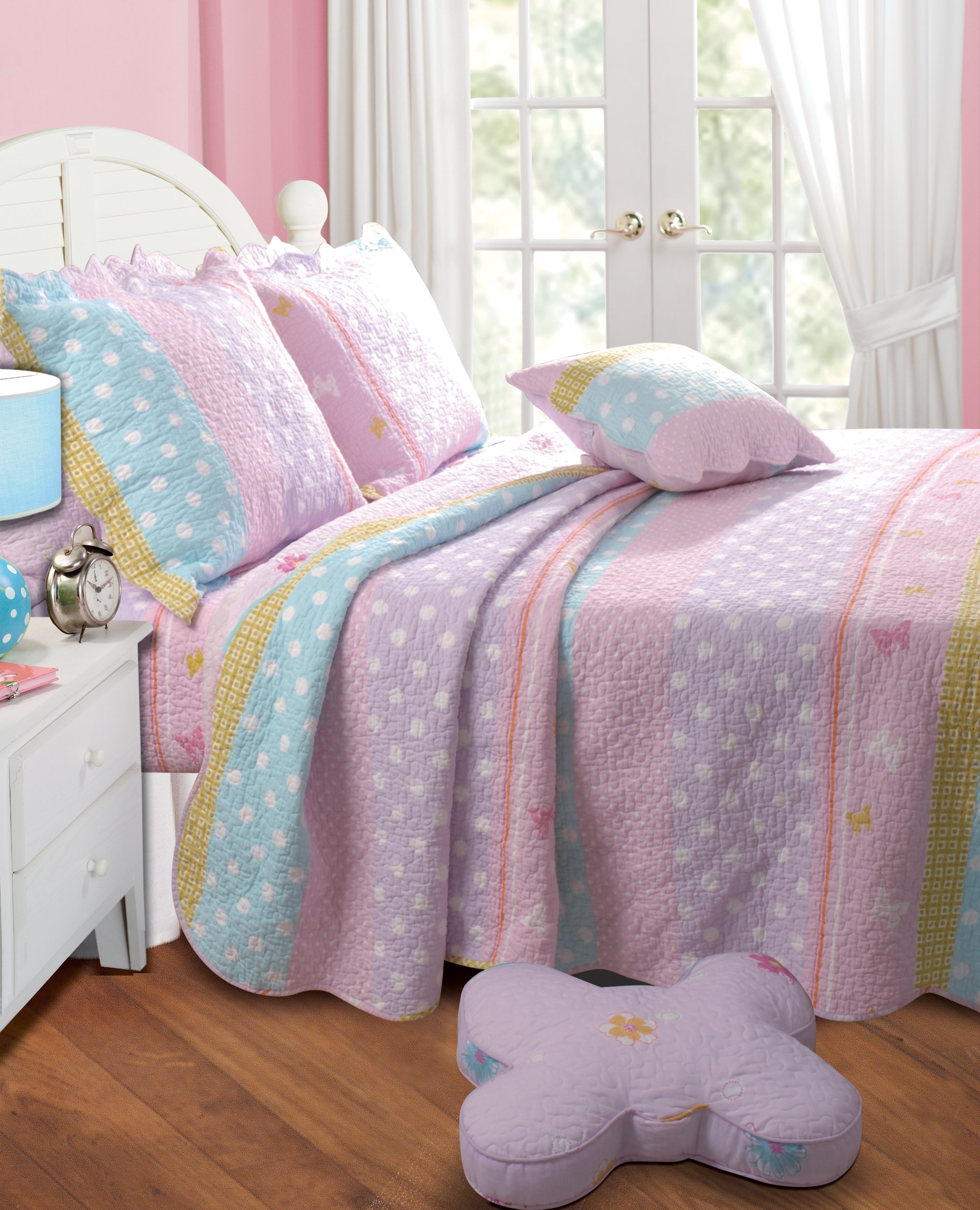 Book Cover Greenland Home Polka Dot Stripe Quilt Set, Queen, Pink