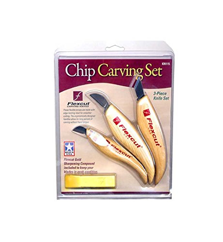 FLEXCUT KN115 Carving Knives, Chip Carving Set, High Carbon Steel Blades, Ergonomic Ash Handle, Set of 3