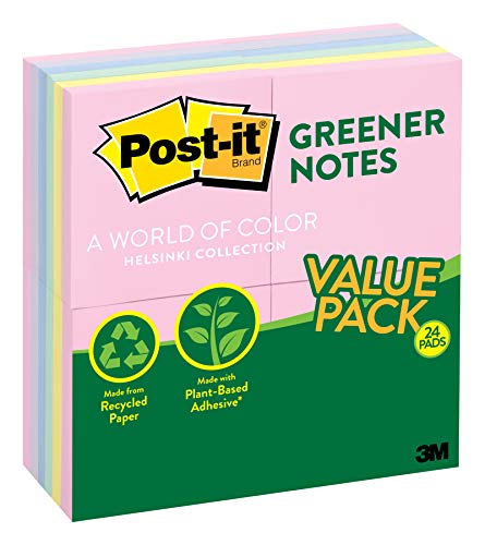 Book Cover Post-it Greener Notes, 3 in x 3 in, 24 Pads, America's #1 Favorite Sticky Notes, Helsinki Collection, Pastel Colors (Pink, Blue, Mint, Yellow), Clean Removal, 100% Recycled Material (654RP-24AP)