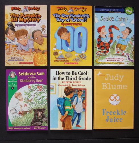 Set of 6 Children's Chapter Books Reading Level 3 (Ready Freddy: The One Hundredth Day of School ~ Ready Freddy: The Pumpkin Elf Mystery ~ How to Be Cool in the Third Grade ~ Seldovia Sam and the Blueberry Bear ~ Freckle Juice ~ Snake Camp)