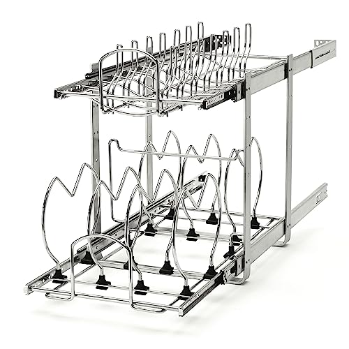 Rev-A-Shelf 5CW2-1222-CR 12 Inch 2 Tier Adjustable Heavy Duty Wire Pull Out Kitchen Cabinet Organizer for Pots, Pans, and Lid Cookware, Chrome