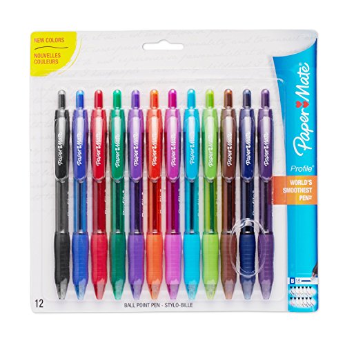 Book Cover Paper Mate Profile Retractable Ballpoint Pens, Bold (1.4mm), Assorted Colors, 12 Count