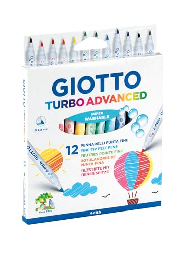 Giotto Turbo Advanced Super Washable Felt Tip Fibre Pens, Fine Tip Nib 2.8mm, 12 Assorted Colours, Ideal for Children, Parties and Schools