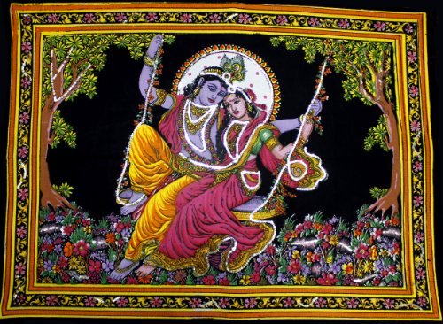 Krishna Mart India Lord Krishna & Goddess Radha Sequin Sitara Batik Cotton Wall Tapestry 40" X 30"