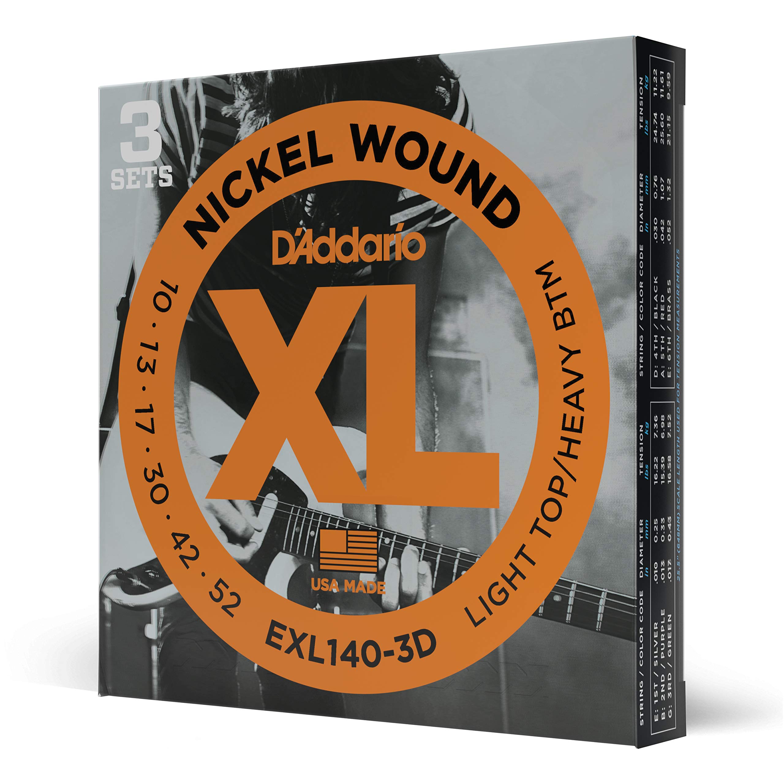 D'Addario Guitar Strings - XL Nickel Electric Guitar Strings - EXL140-3D - Perfect Intonation, Consistent Feel, Reliable Durability - For 6 String Guitars - 10-52 Light Top/Heavy Bottom, 3-Pack Lt. Top/Hvy. Bottom, 10-52 3-Pack