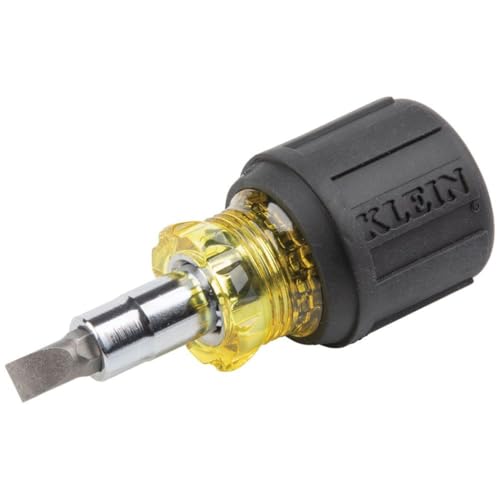 Klein Tools 32561 Stubby Screwdriver and Nut Driver with 6-in-1 Multi-Bits, 1 and #2 Phillips, 3/16-Inch Slotted, 1/4-Inch and 5/16-Inch, Black and Yellow