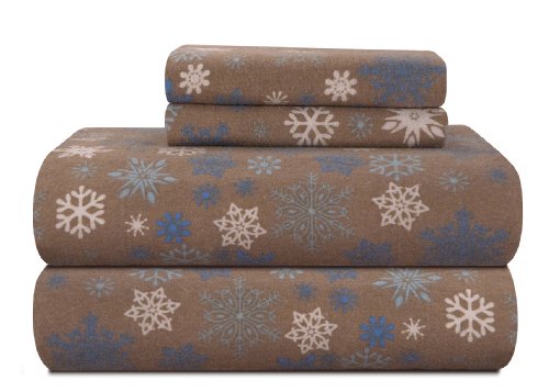 Book Cover Pointehaven Heavy Weight Printed Flannel Sheet Set, Queen, Snow Flakes/Tan