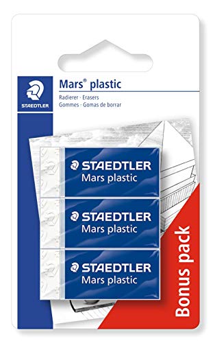 Staedtler Mars Plastic, Gommes plastiques blanches de très haute qualité, Étui blister avec 3 gommes sans phtalates ni latex, 52653ABK3D