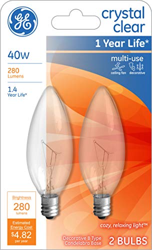 Book Cover GE Crystal Clear Blunt Tip Decorative Light Bulbs (40 Watt), 280 Lumen, Candelabra Light Bulb Base, 2-Pack Chandelier Light Bulbs