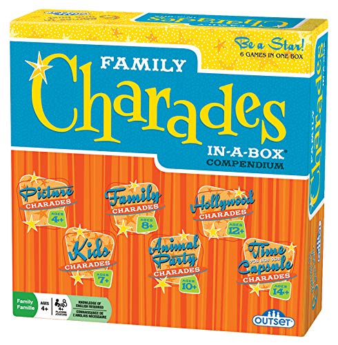 Book Cover Charades Party Game - Family Charades-in-a-Box Compendium Board Game - Features 6 Themes, 360 Cards, Spinner, And Sand-Timer (Ages 4+)