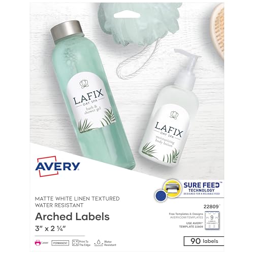 AVERY Arched Labels with Sure Feed for Laser Printers, Water Resistant, 3 x 2.25, 90 Labels (22809), White