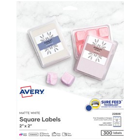 Avery Square Labels for Laser & Inkjet Printers, Sure Feed, 2" x 2", 300 White Labels (22806) Matte White 300 Labels Labels