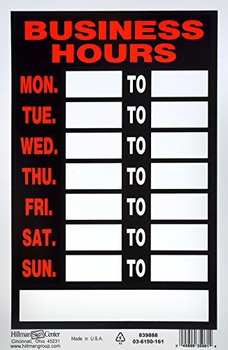 Hillman 839888 Business Hours Sign with Space for Fill in, Black, Red and White Plastic, 8x12 Inches 1-Sign