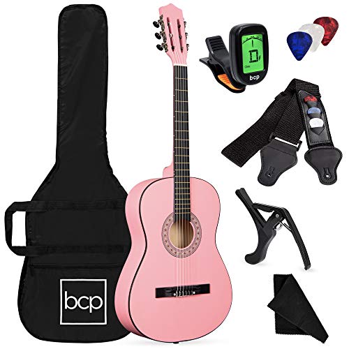 Book Cover Best Choice Products 38in Beginner All Wood Acoustic Guitar Starter Kit w/Gig Bag, Digital Tuner, 6 Celluloid Picks, Nylon Strings, Capo, Cloth, Strap w/Pick Holder - Pink