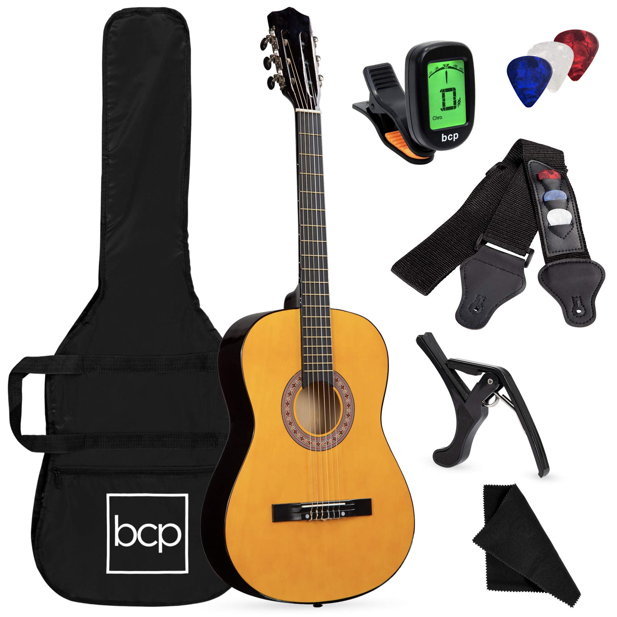 Book Cover Best Choice Products 38in Beginner All Wood Acoustic Guitar Starter Kit w/Gig Bag, Digital Tuner, 6 Celluloid Picks, Nylon Strings, Capo, Cloth, Strap w/Pick Holder - Natural