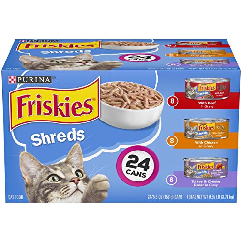 Purina Friskies Gravy Wet Cat Food Variety Pack, Shreds Beef, Chicken and Turkey & Cheese Dinner - (24) 5.5 oz. Cans