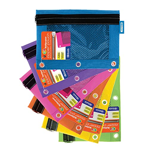 BAZIC Pencil Pouch 3 Ring Binder Pouch w/ Rivet Enforced Rings Holes, Mesh Window, Bright Assorted Color Zipper Pouches Case, 144-Pack