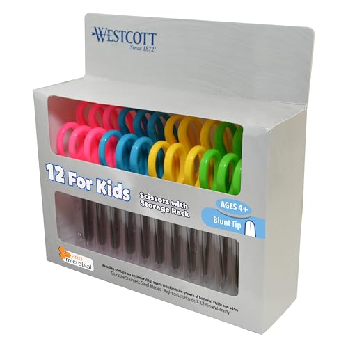 Westcott 5â€™â€™ Blunt Scissors For Kids With Anti-Microbial Protection, Assorted, Pack of 12 (14871)