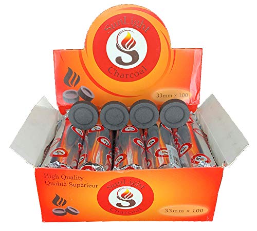 Sunlight High Quality Premium Hookah coal - 100 Coals Per Box, 10 Rolls of 100 Charcoal Tablets - 33mm