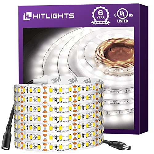 HitLights LED Strip Lights Cool White 5000K, 16.4ft High Density 12V Tape Light, UL-Listed, 600 LEDs, 300Lm/ft, Flexible Dimmable Rope Lights for Bedroom, Kitchen, Cabinet (Power Source Not Included)