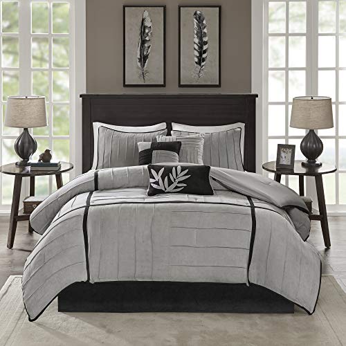 Book Cover Madison Park Cozy Comforter Set Casual Blocks Design All Season, Matching Bed Skirt, Decorative Pillows, California King (104 in x 92 in), Dune Suede, Black Grey, 7 Piece
