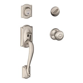 Schlage Camelot Single Cylinder Handleset and Georgian Knob, Satin Nickel (F60 V CAM 619 GEO)