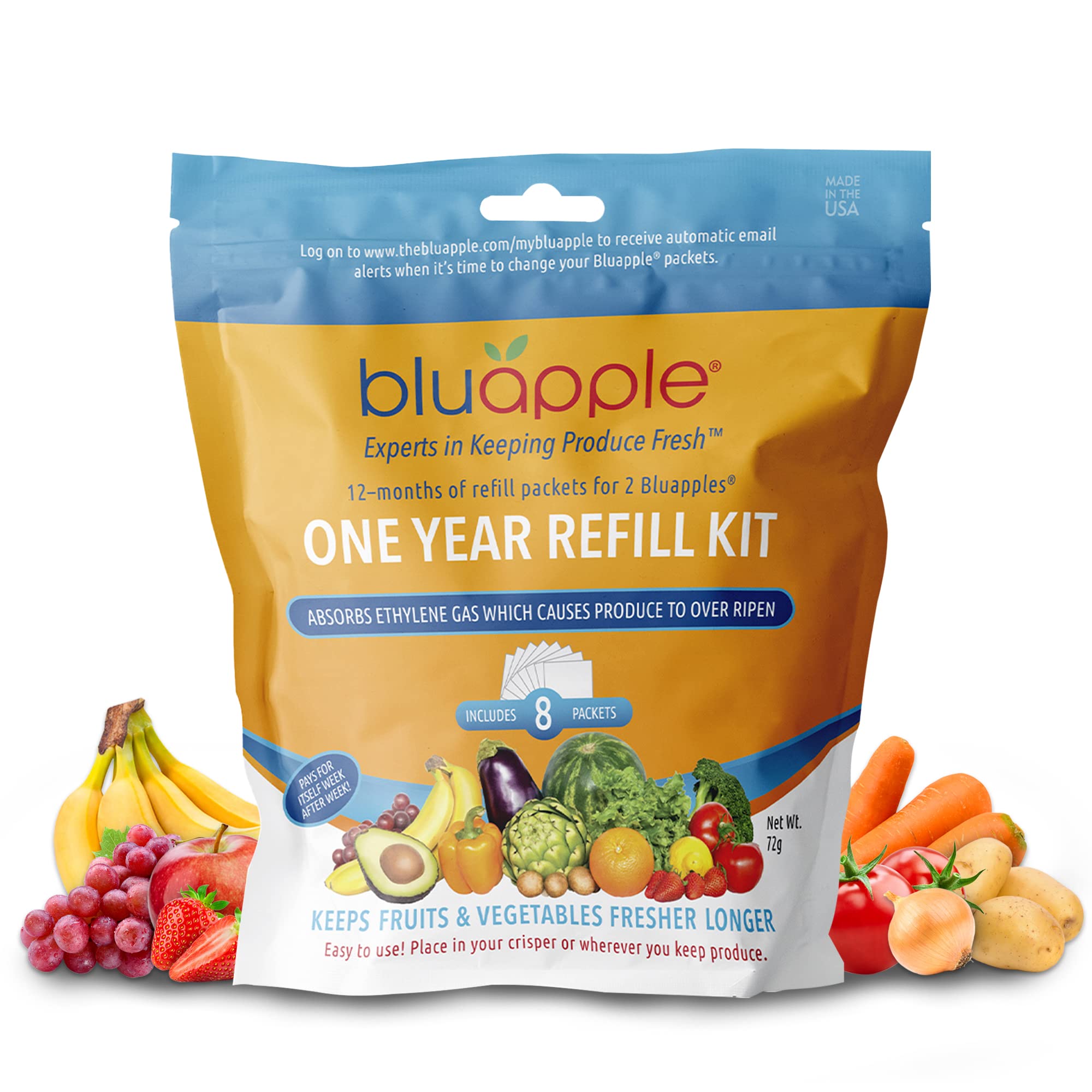 Book Cover Bluapple Produce Saver Refill Kit - Keep Fruits and Vegetables Fresh Longer, 8 Veggie and Fruit Saver Packets, Each Packet Lasts up to 3 Months, Ethylene Gas Absorber, Made in USA