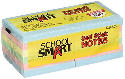 Book Cover School Smart Removable Self Stick Notes - 3 x 3 inches - 12 Pads of 100 Sheets - Assorted Pastels