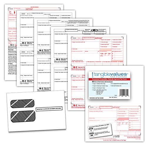 W2 Tax Forms 2021 - Tangible Values 4-Part, 50 Pack Laser Tax Form Kit with Envelopes - Accounting & QuickBooks Software Compatible