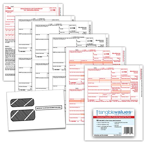 1099 Misc Tax Forms 2019 - Tangible Values 4-Part Kit with Envelopes - QuickBooks and Intuit Compatible, 50 Pack